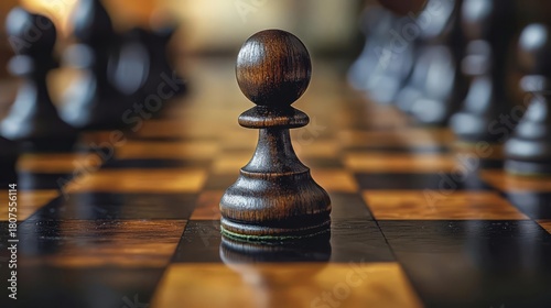 Close-up of a wooden chess pawn on a chessboard, symbolizing strategy and critical thinking.