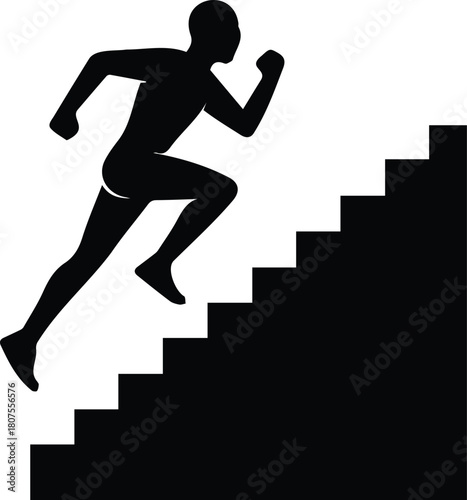 Silhouette of a man running up a flight of stairs, symbolizing progress, challenge, fitness, and upward movement, isolated on
