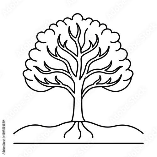 Nature vector silhouette of a spring tree with branches and visible roots, symbolizing life and growth for logo design