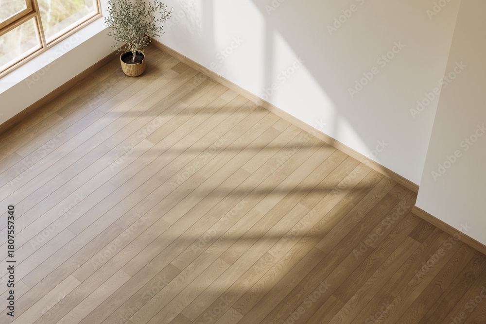 Naklejka premium Top view of modern minimal interior living room with white wall and wooden floor .3d rendering