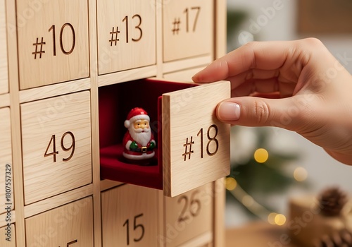 A hand opening a wooden christmas advent calendar to reveal a miniature santa claus figurine, creating a sense of anticipation and excitement for the upcoming holiday season