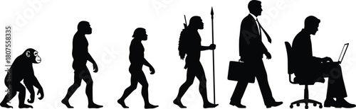 Silhouette illustration showing human evolution from ape to modern office worker using laptop, evolution concept design for education and technology themes