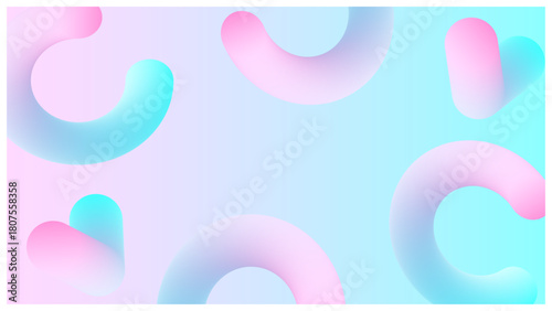 ポップで可愛いグラデーションで、立体的な図形のメンフィス風フレーム背景 (淡いピンクと水色)	