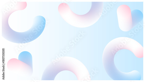 ポップで可愛いグラデーションで、立体的な図形のメンフィス風フレーム背景 (淡い水色と白)	