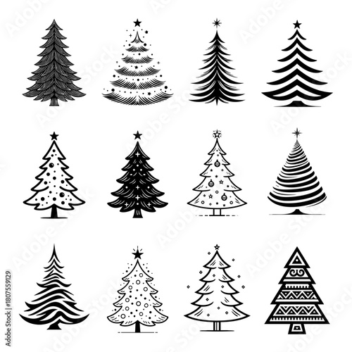 A diverse set of Christmas trees in various decorative styles representing holiday celebration, festive décor and joyful seasonal themes.
