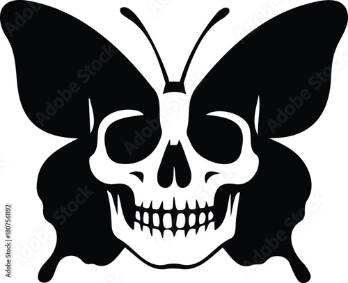 Striking black silhouette combining a butterfly with a human skull, creating a powerful symbol of life, death, and transformation, isolated on