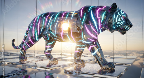 Futuristic Crystal Tiger Walking on a Hexagonal Platform at Sunset