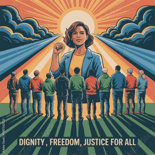 A collection of bold and modern poster-style illustrations promoting human rights, social justice, equality, and freedom. These designs feature diverse characters, raised fists, peaceful protest theme