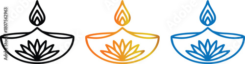 Set of traditional Indian Diwali festival diya oil lamps, featuring elegant lotus flower designs in a clean outline vector icon style, perfect for cultural celebrations