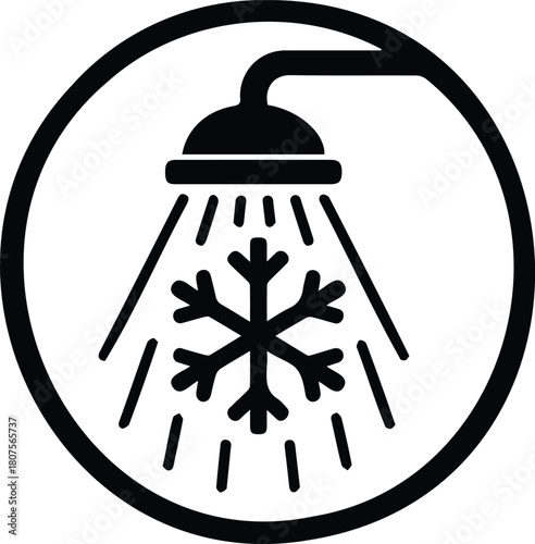 Circular icon illustrating a shower head emitting water droplets with a snowflake, symbolizing a cold shower or cold water, isolated on