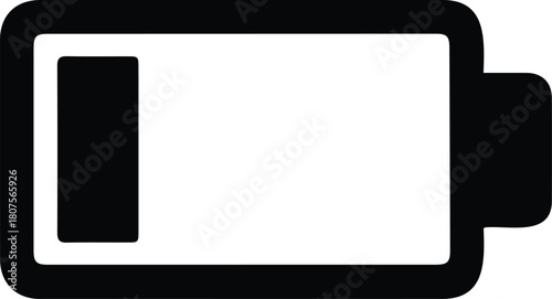 Simple black outline icon depicting a battery with a low charge level, indicating depleted power or energy, isolated on