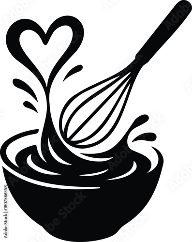 Black silhouette of a kitchen whisk stirring liquid in a bowl, creating a heart shape, symbolizing love for cooking or baking, isolated on