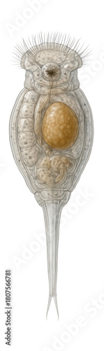 Single-ovary monogonont rotifer with a clear, elongated foot.