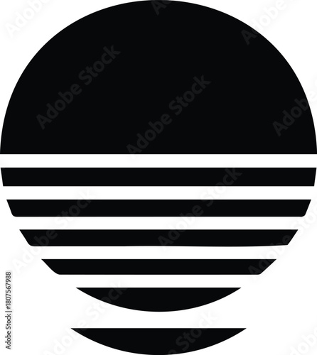 Black minimalist icon of a sun or moon setting over a body of water, with horizontal lines representing the horizon and reflections, isolated on