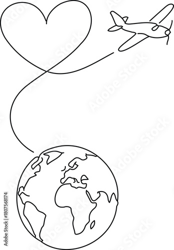 A minimalist black and white line art illustration of an airplane flying around the globe, leaving a heartshaped trail, symbolizing love for travel, isolated on