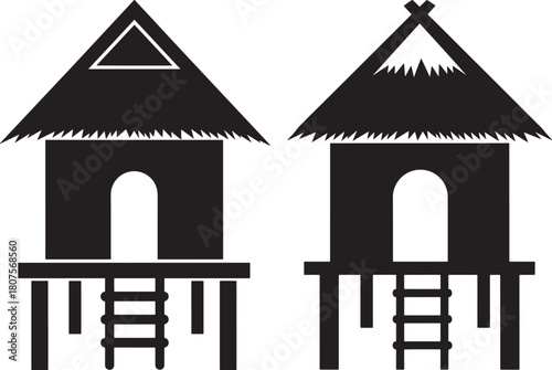Two traditional thatched roof stilt house silhouette