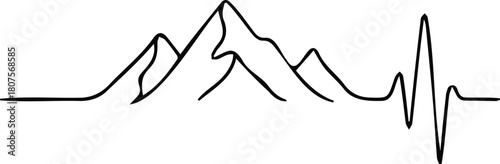 Minimalist line art illustration depicting a mountain range seamlessly transitioning into an electrocardiogram ecg heartbeat line, symbolizing adventure and life