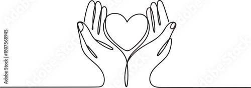 Hands holding heart continuous one line art drawing. Charity donation linear symbol.one line icon with with white background