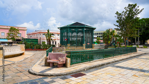 Parrot aviary on Plaza Santiago R. Palmer in the Old Town of Caguas in Puerto Rico, a US Territory in the Caribbean Islands
