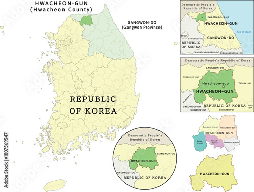 Hwacheon-gun (Hwacheon County) location on Gangwon-do (Gangwon Province) and Republic of Korea (South Korea) map. Clored. Vectored