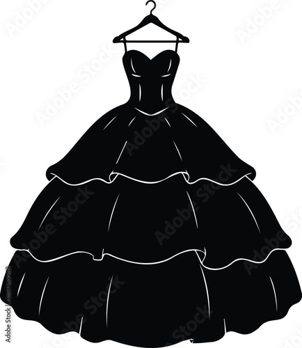 Elegant black tiered ball gown with a sweetheart neckline and full skirt, hanging gracefully on a hanger, isolated on