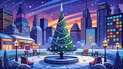 Very beautiful scenic winter evening scene featuring a glowing Christmas tree illuminating Madison Square Park, surrounded by softly lit skyscrapers of Midtown Manhattan under a calm, chilly sky.