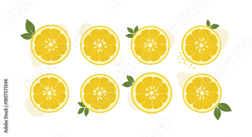 Set of eight bright and juicy yellow lemon slices showing the fruit's pulp and seeds.