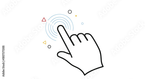 Hand pointer icon with a finger touching a virtual button in a simple and clean line art style.