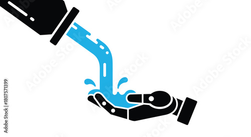 Conceptual illustration of a robotic hand pouring clean water into a waiting human hand.