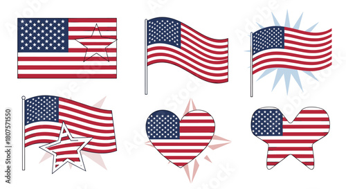 Patriotic set of various American flag designs in different shapes like hearts bows and stars.