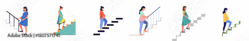 Minimalist Flat Illustration Collection of Pregnant Woman Climbing Stairs Set