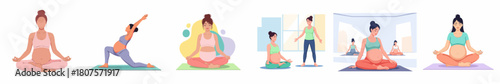 Colorful Flat Illustration of Pregnant Woman Practicing Yoga Routine Set