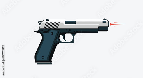 Semi-realistic illustration of a modern silver and black handgun with a red laser sight activated.