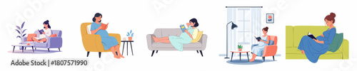 Simple Flat Illustration of Woman Reading a Book at Home
