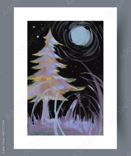 Silhouetted firs under lunar glow with pastel surroundings