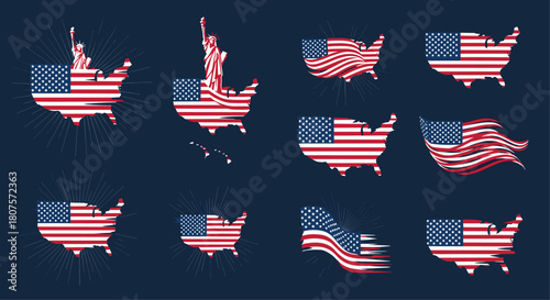 Collection of various American flag designs stylized to fit the map shapes of different US states.