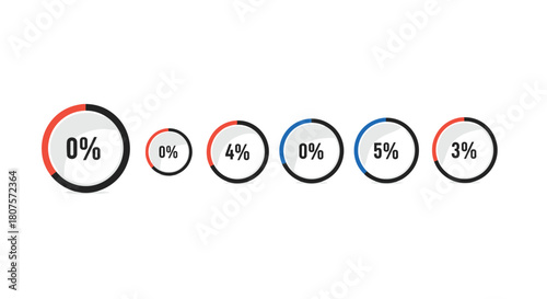 Set of six simple and clean pie chart icons showing various low percentage values for infographics.