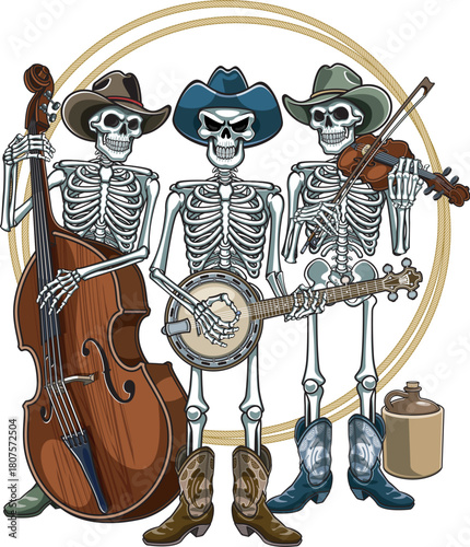 Cowboy skeletons country and western band playing instruments