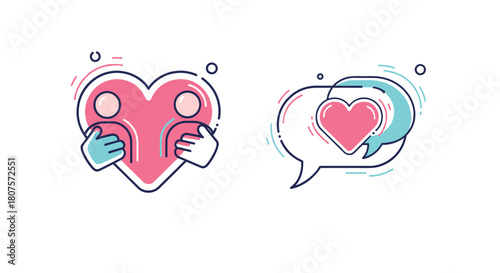 Set of two icons shows a heart being held and a heart in a speech bubble representing love and care.