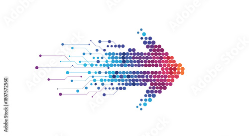 Futuristic arrow design made of digital pixels and connecting data points moving forward.