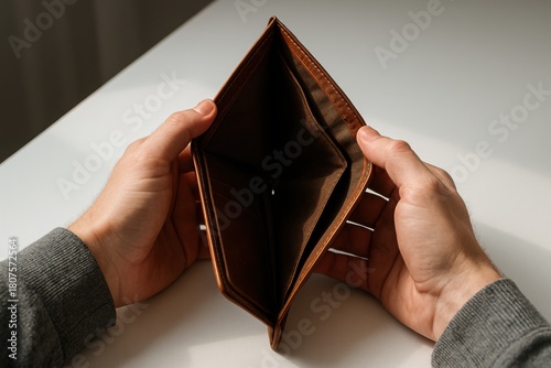 Empty Wallet in Hands Symbolizing Financial Crisis. AI Generative