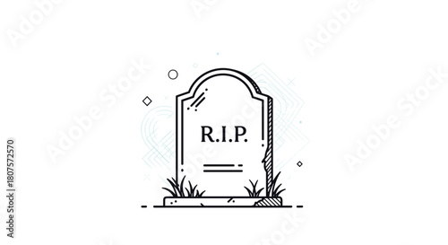 Simple black and white line art icon of a tombstone with R.I.P engraved on it in a graveyard.