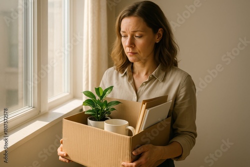Sad Woman Leaving Job with Box of Office Items. Employee Holding Cardboard Box After Layoff. AI Generative