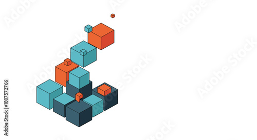 Isometric illustration of colorful cubes being assembled into a larger structure showing a process.