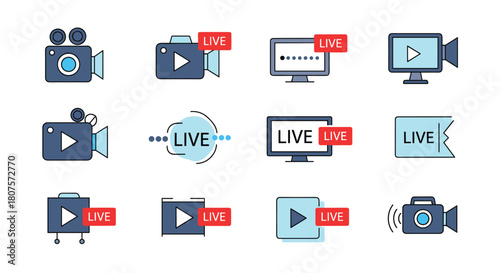 Collection of various icons related to live video streaming online broadcasts and media recording.