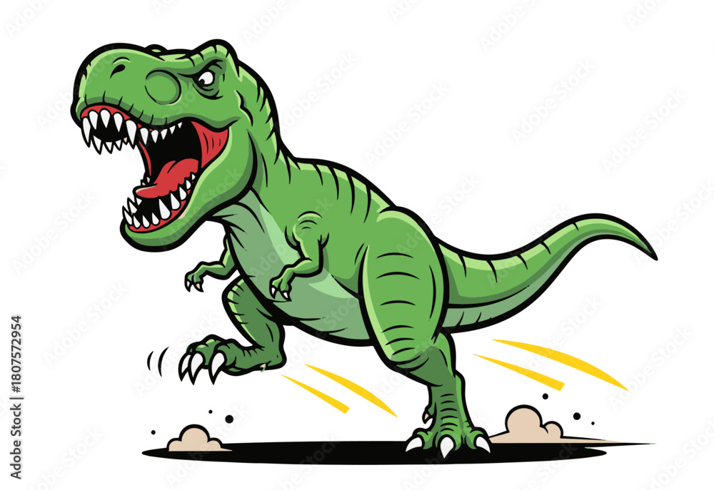 Obraz premium Aggressive Green T-Rex Dinosaur Mascot Running Roaring Cartoon Illustration