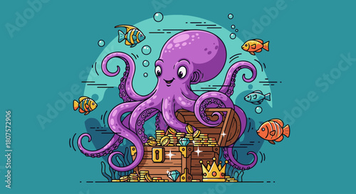 Vibrant Underwater Scene with Smiling Octopus, Treasure, and Colorful Fish