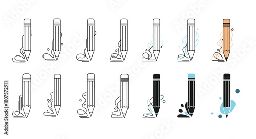 Collection of various pencil icons for drawing and writing shown in different line art styles.