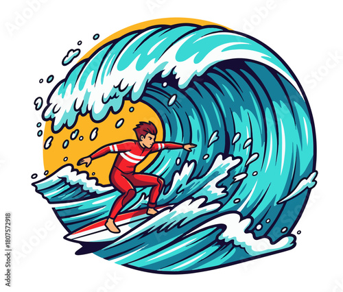 Dynamic cartoon illustration of a surfer catching a huge ocean wave