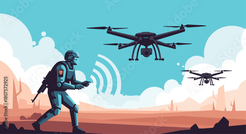 Soldier in a futuristic setting is remotely operating two advanced military drones for a mission.